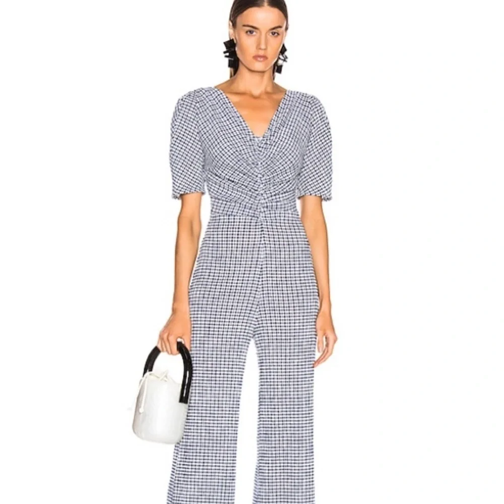 Staud Fraise Gingham Seersucker Ruched Short Sleeve Jumpsuit Navy New Size 6